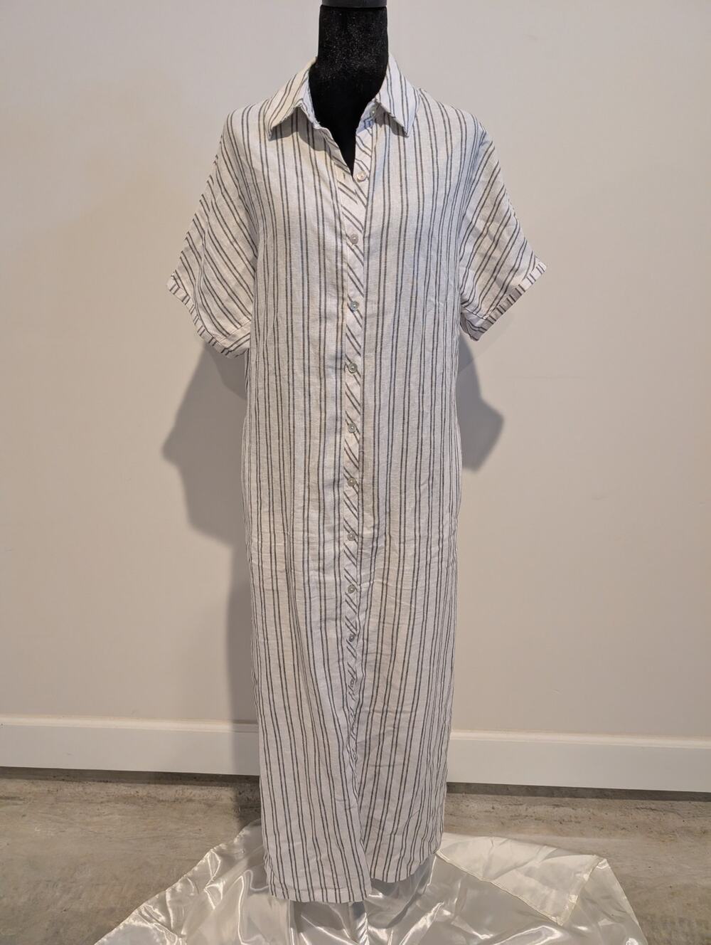 Linen Stripe Casual Shirt Maxi Dress w Pockets Minimalist Sz S